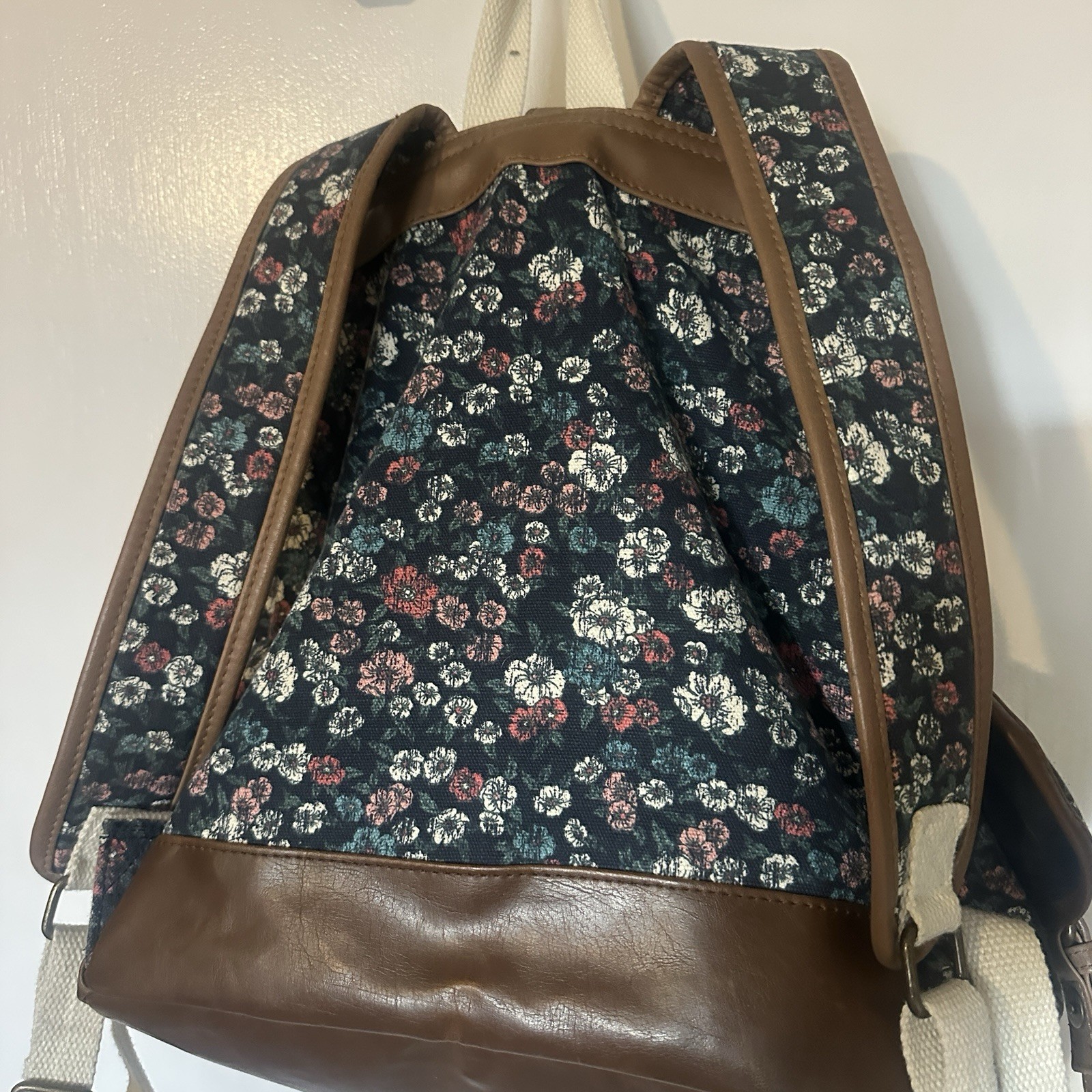 Vintage Y2K MUDD Canvas Floral Print Boho Backpack Satchel Bag w/Leather Trim