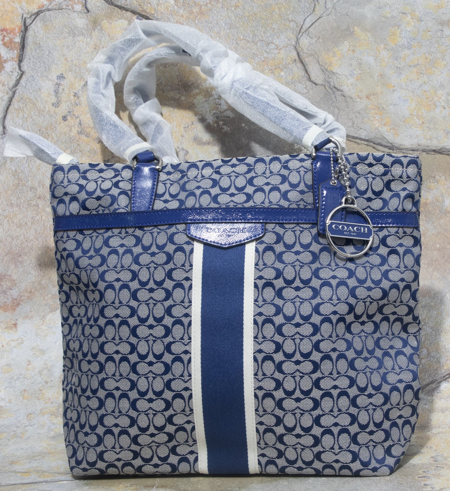 NWT Coach F28625 Signature Stripe 6CM Tote Navy Silver Crossbody Sealed
