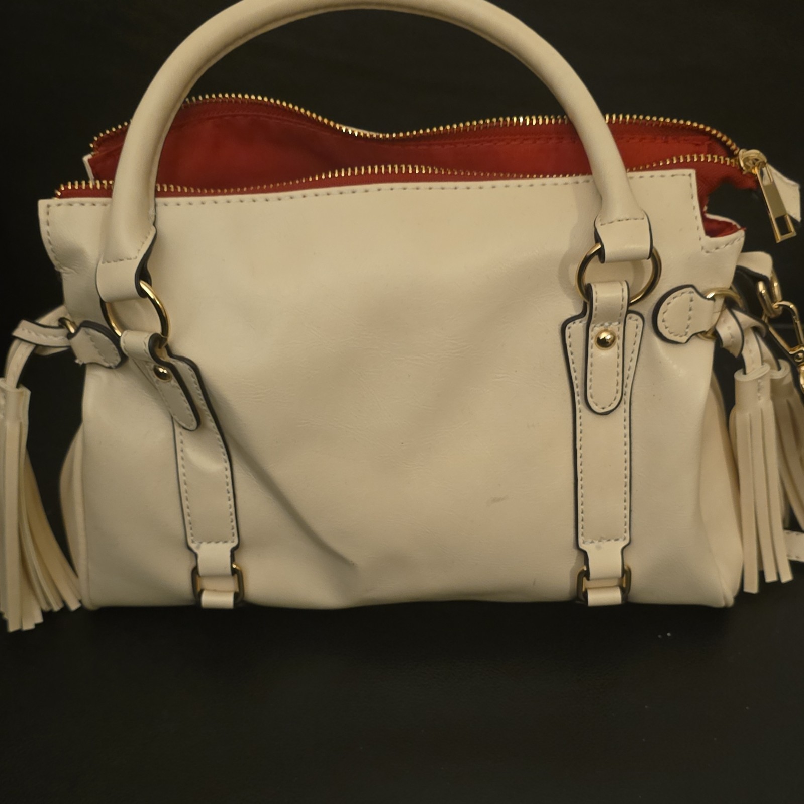 White Solid Satchel Top Handle Zip Tassel Gold Hardware Red Lining Det Strap