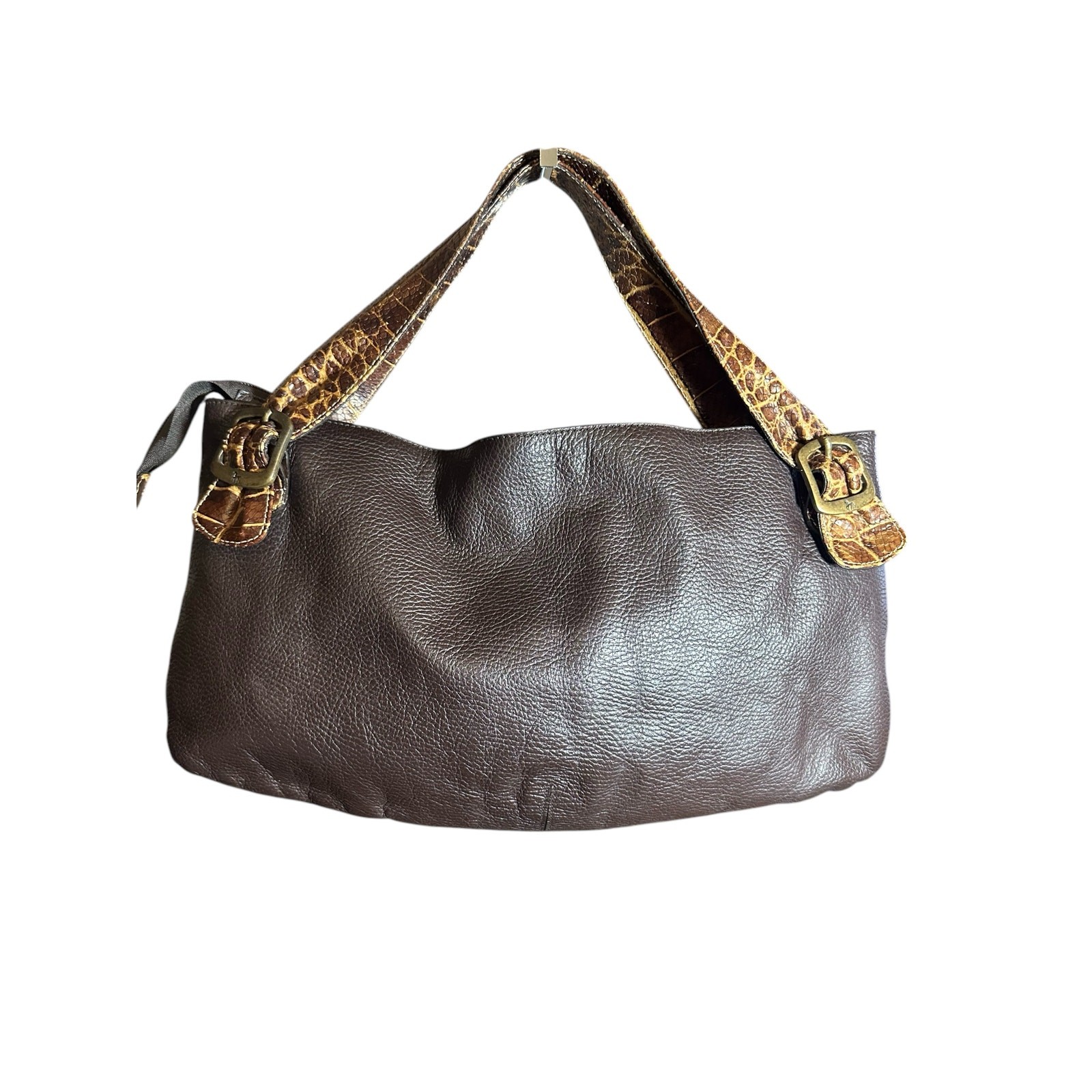 Petusco leather made in Spain Shoulder Bag tote brown w/ croc handles buckle