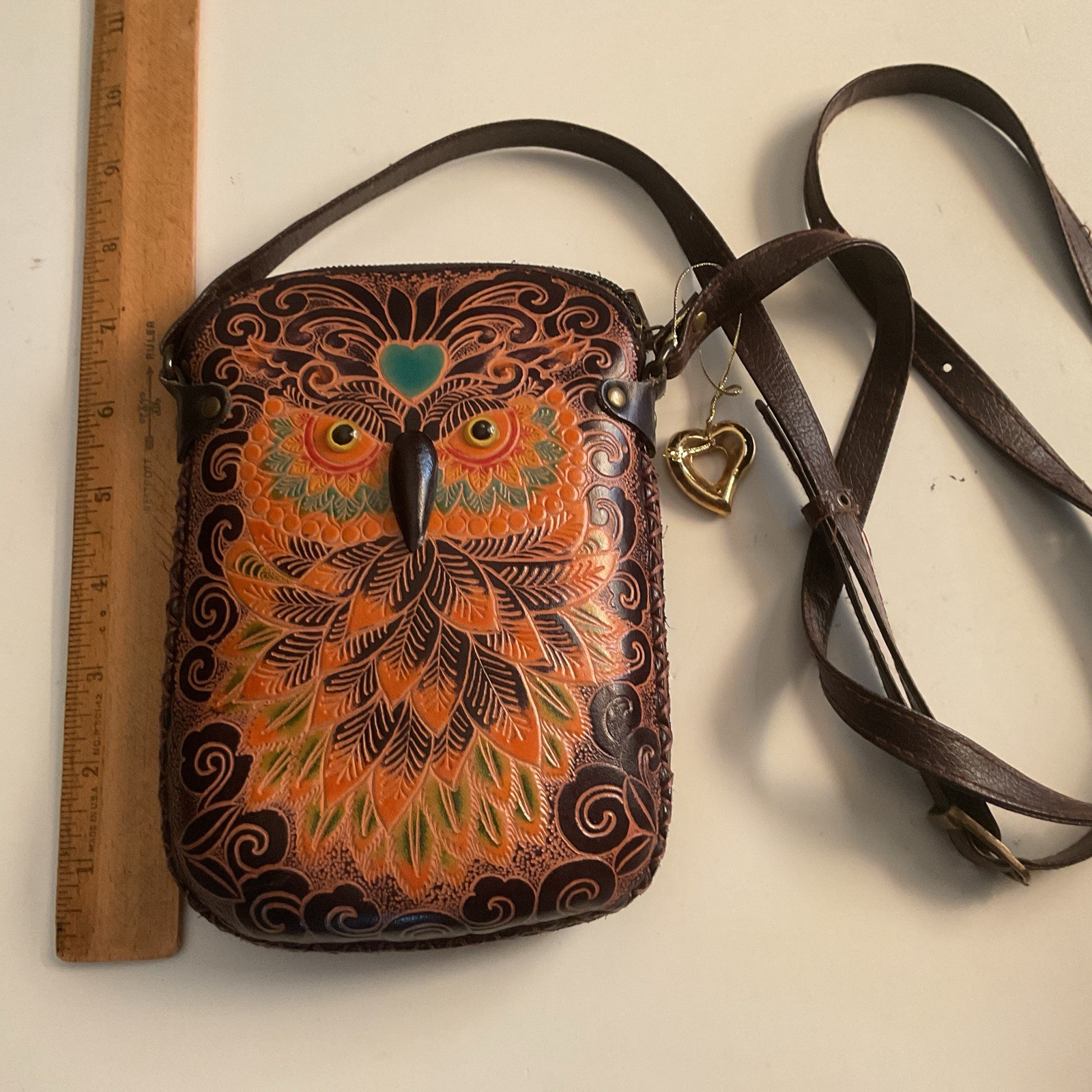 Owl 7 Inch Leather Crossbody Purse / Bag W/ Adjustable Strap – Vintage