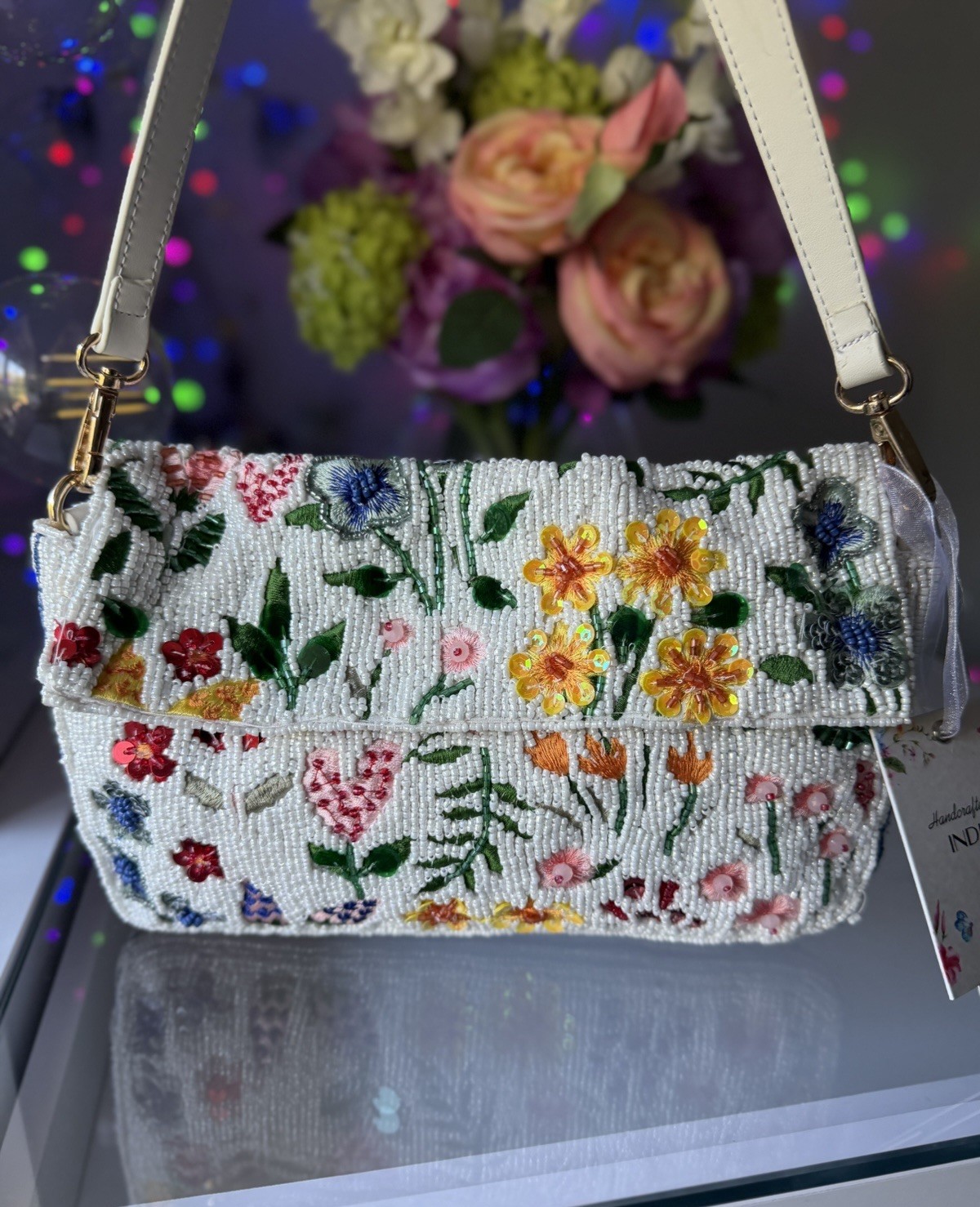 NWT Made In India Wildflower Garden Summer Pink Yellow Green Floral Beaded Bag