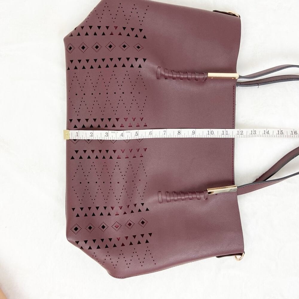 Burgundy Semi‑PU Tote Purse Structured Laser Cut Design Large Shoulder Bag