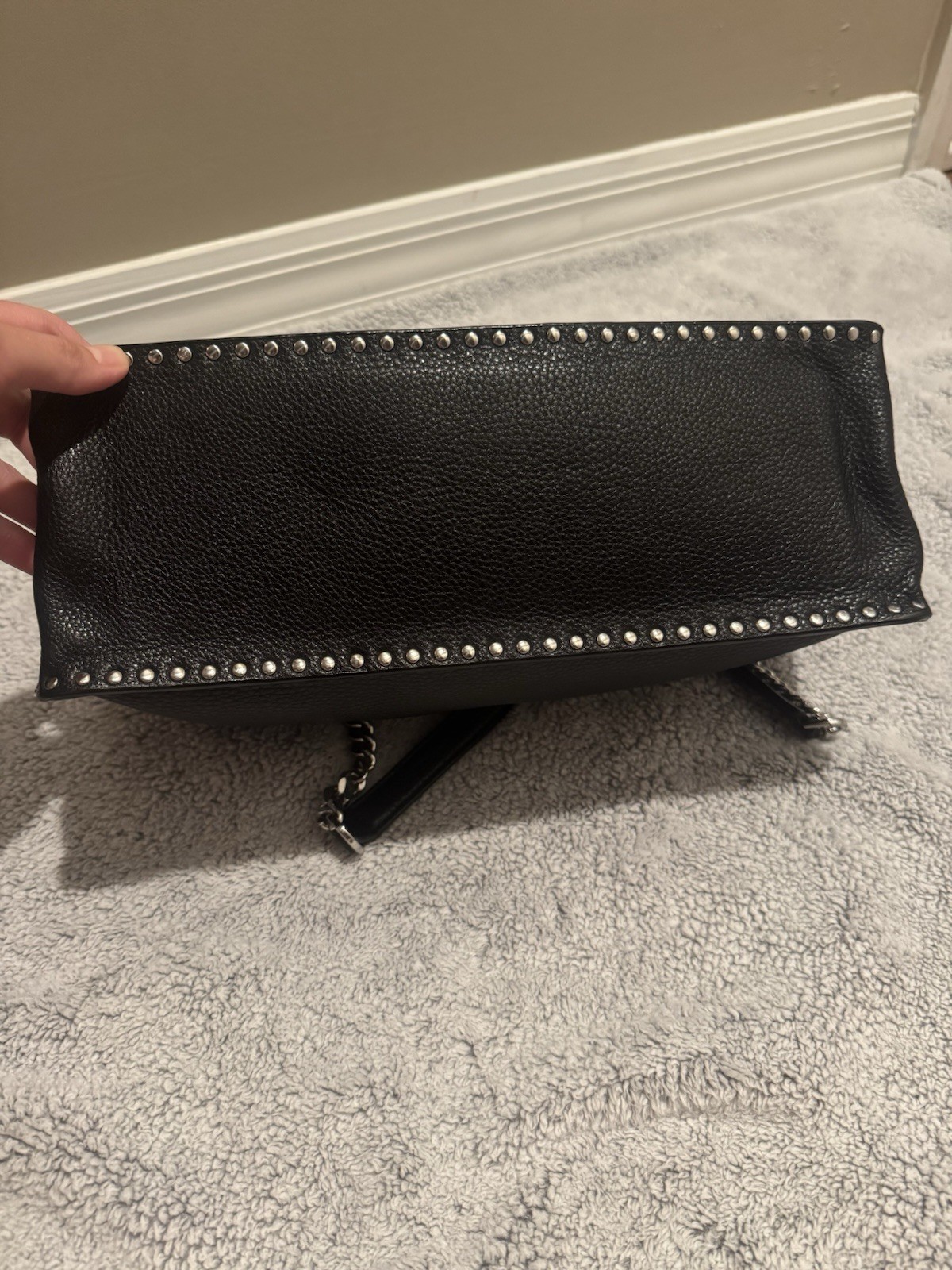 Michael Kors Black Pebbled Studded Shoulder Bag Chain Strap Silver Hardware