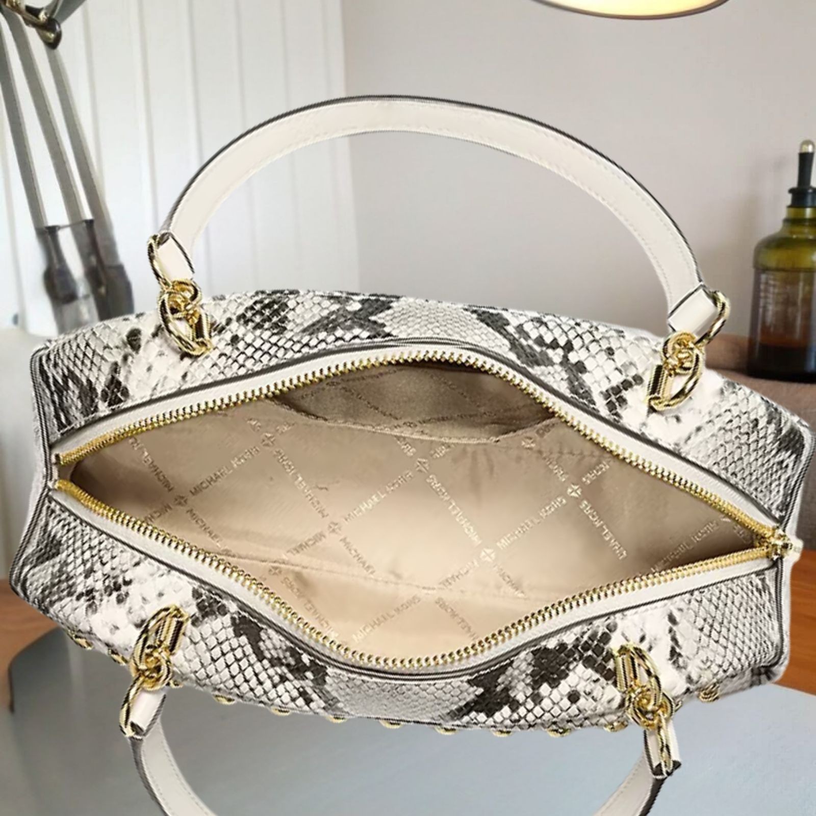 Michael Kors Lady Cecily Small Studded Snake Embossed Shoulder Bag Light Cream