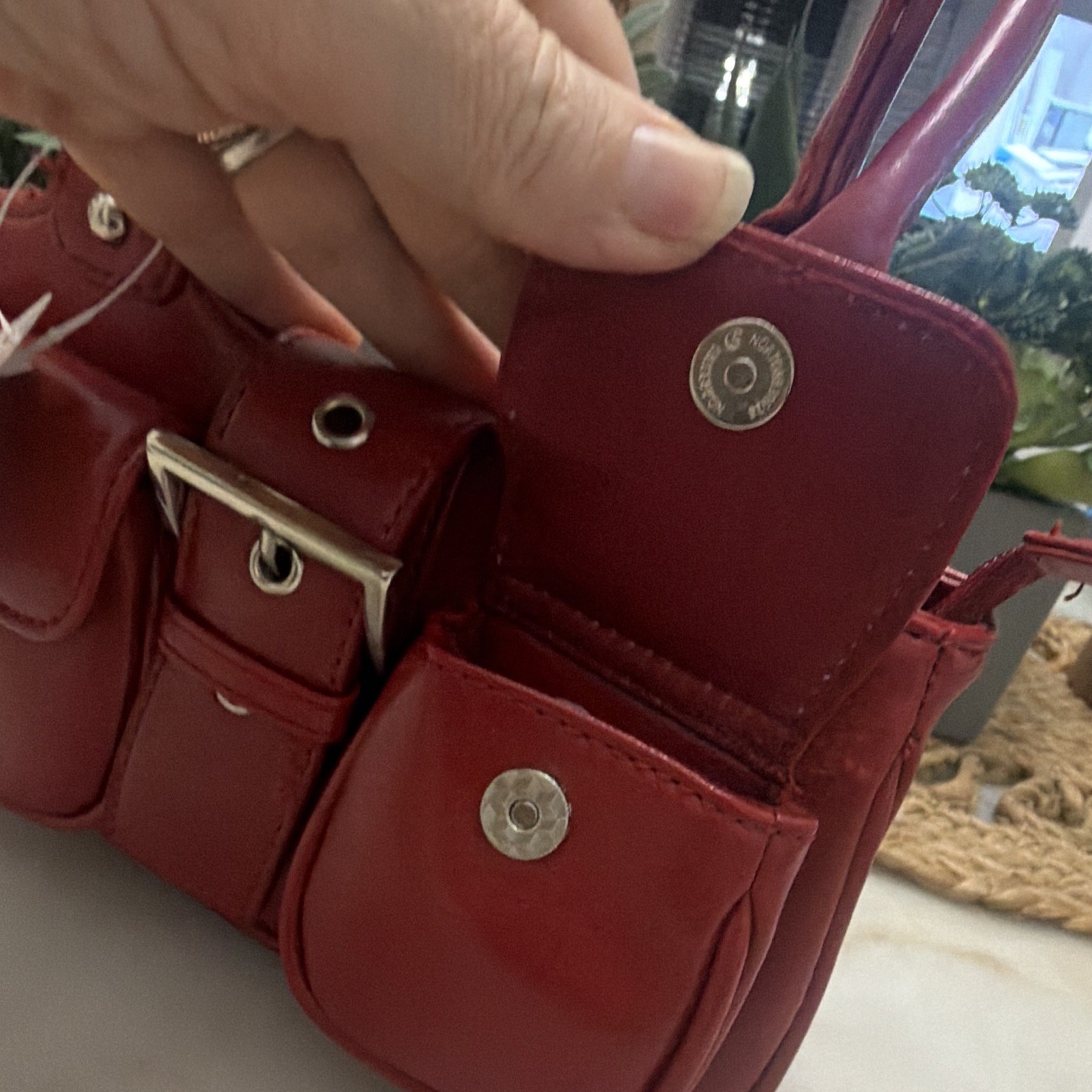 Red Small Satchel Top Handle Double Handles Zip/Magnetic Buckle Pockets Strap