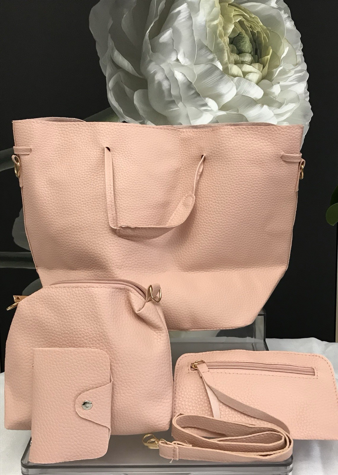 3-in-1 Women’s Pink Pebbled Tote, Large, Pouch & Wristle
