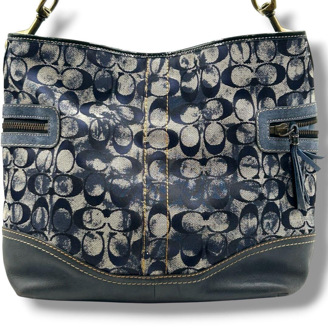 COACH Y2K Denim Tie Dye Signature Hobo Shoulder Bag 2183 Vintage Tassel Zip Navy