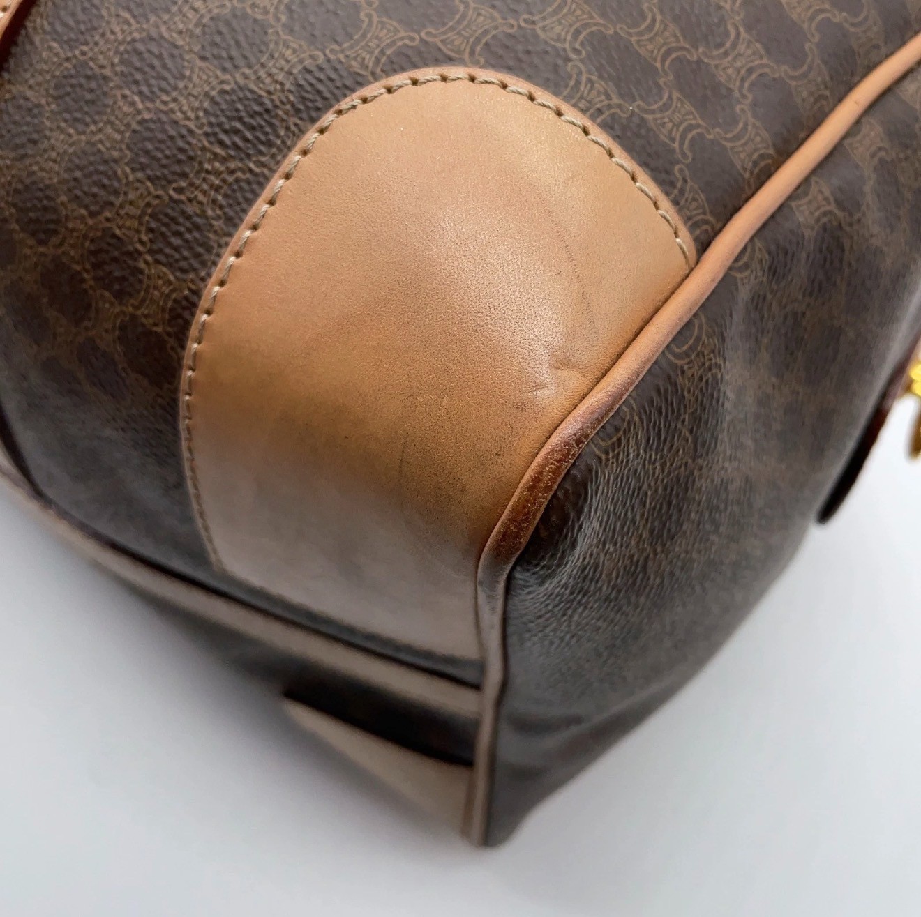 Authentic Celine Macadam pattern PVC leather brown Boston bag 40 w/Padlock
