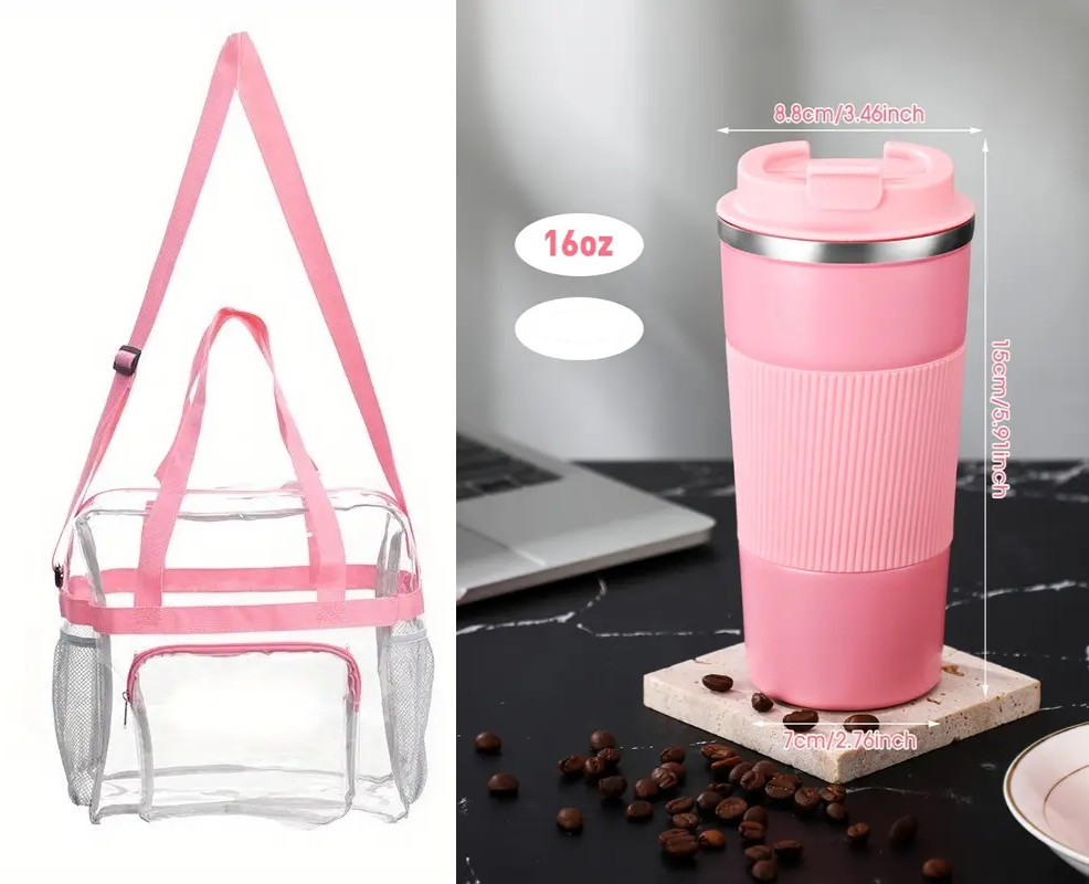 Clear bag Handbag With Side Bottle Pockets and 16 Oz Stainless Steel Travel Tumb