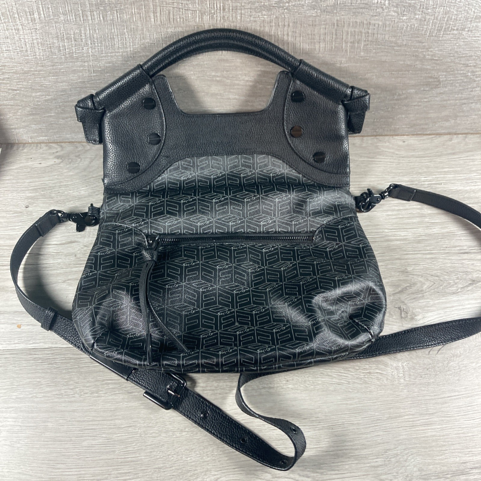 FOLEY & CORINNA Tote Black Leather Purse Crossbody Handbag Foldover