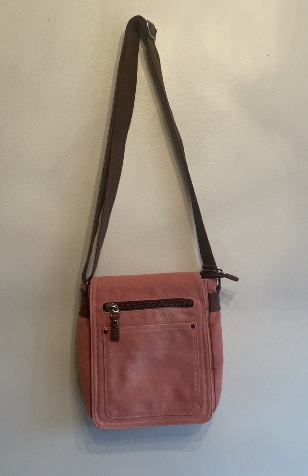 Acacia Mini Messenger Handbag Purse Genuine Leather Pink Canvas Zipper Pockets
