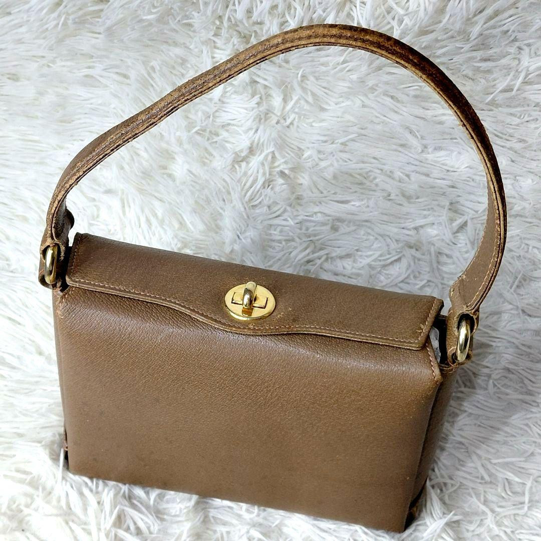 GUCCI Vintage Brown Leather Turn Lock Top Handle Shoulder Bag Gold Hardware