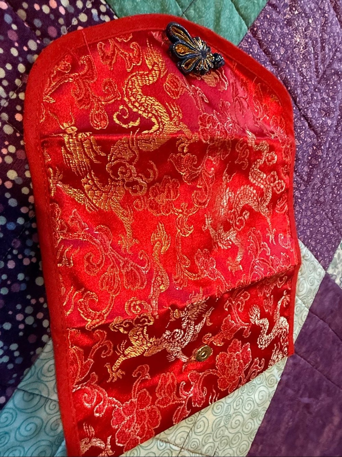 Red Silk Brocade Gold dragon pattern Asian wallet, NWOT