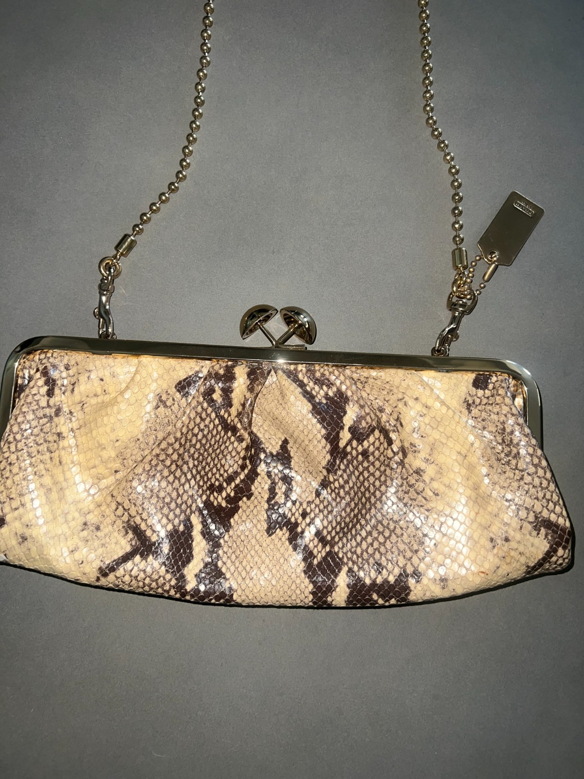 Authentic Coach Snakeskin Print Kiss Lock Clutch Evening Bag Chain Purse