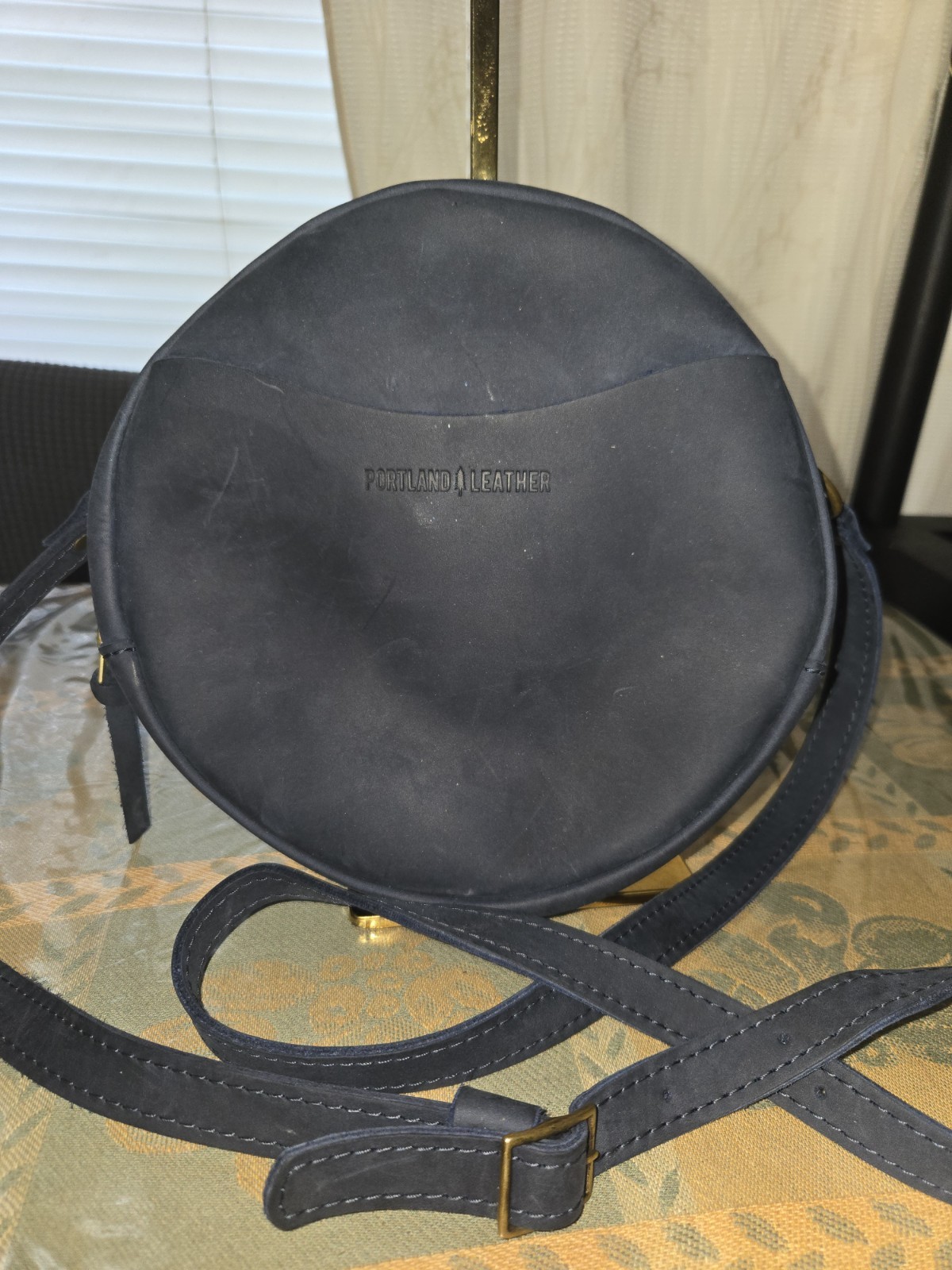 Portland genuine Leather Handbag Circle Crossbody Purse Large 9″ in Navy Blue