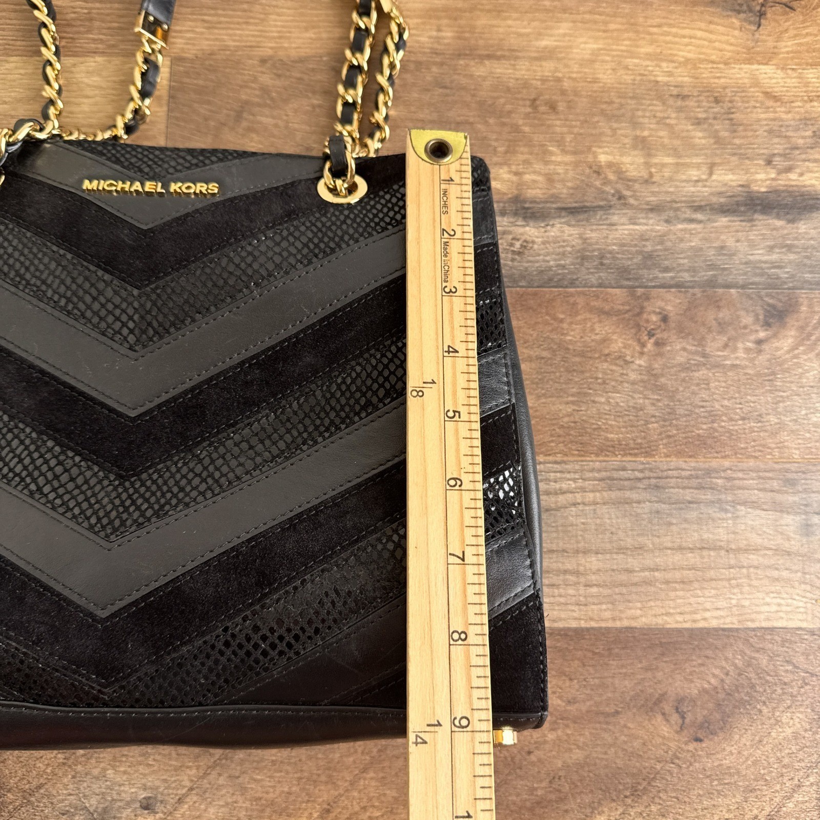 Michael Kors Susannah Chevron Black Tote Bag Patchwork Snakeskin Embossed