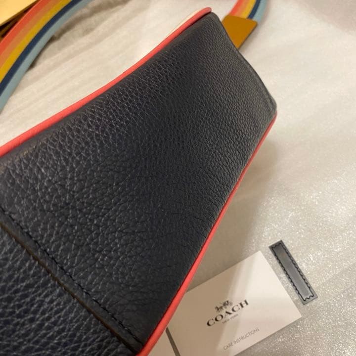 COACH Jes Double Zip Camera Bag Chalk Pebble Leather Rainbow Strap 9.6×6.3 inch