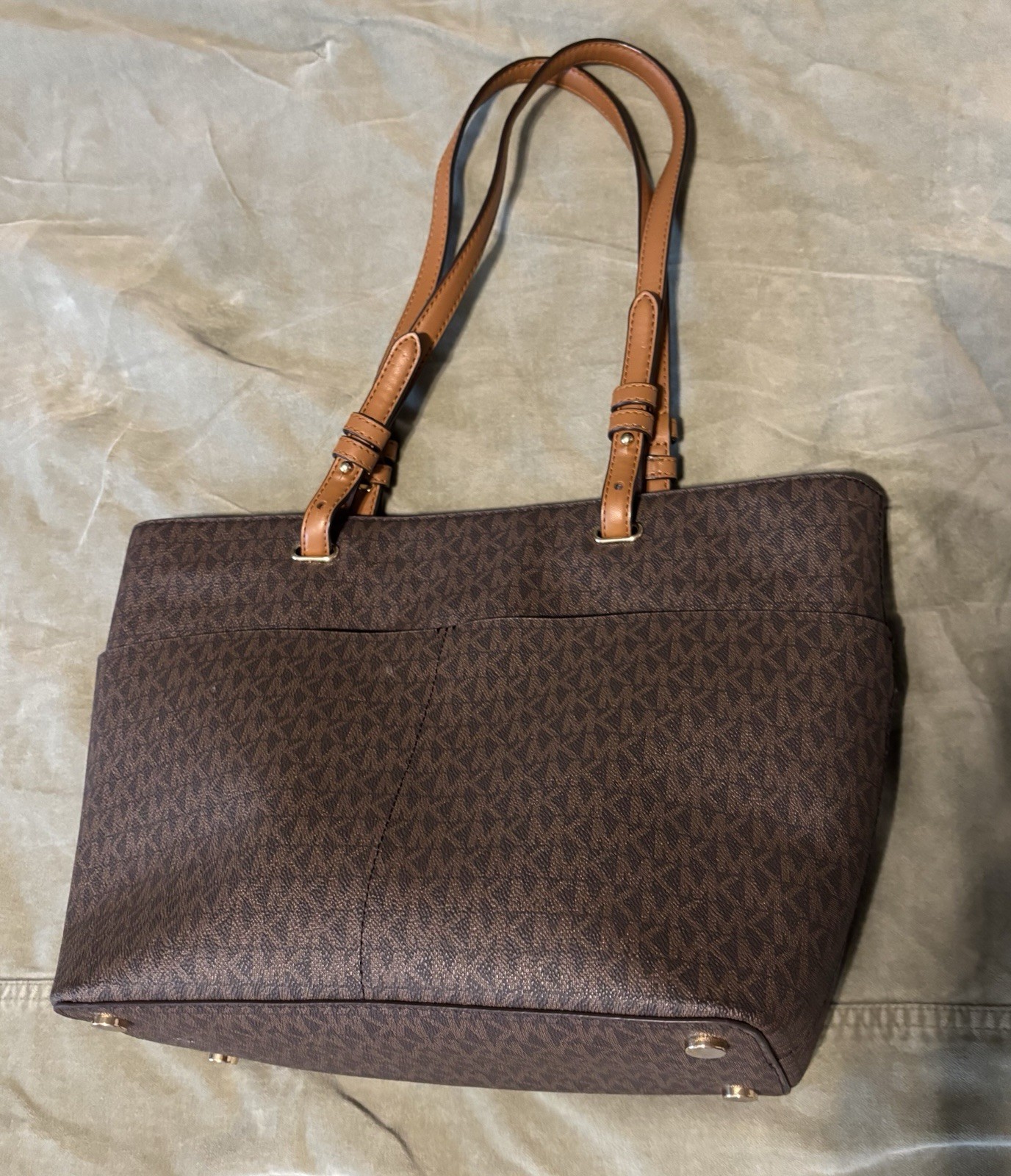 Michael Kors Brown Logo Tote Bag Zip Top Double Handles Inner Pockets