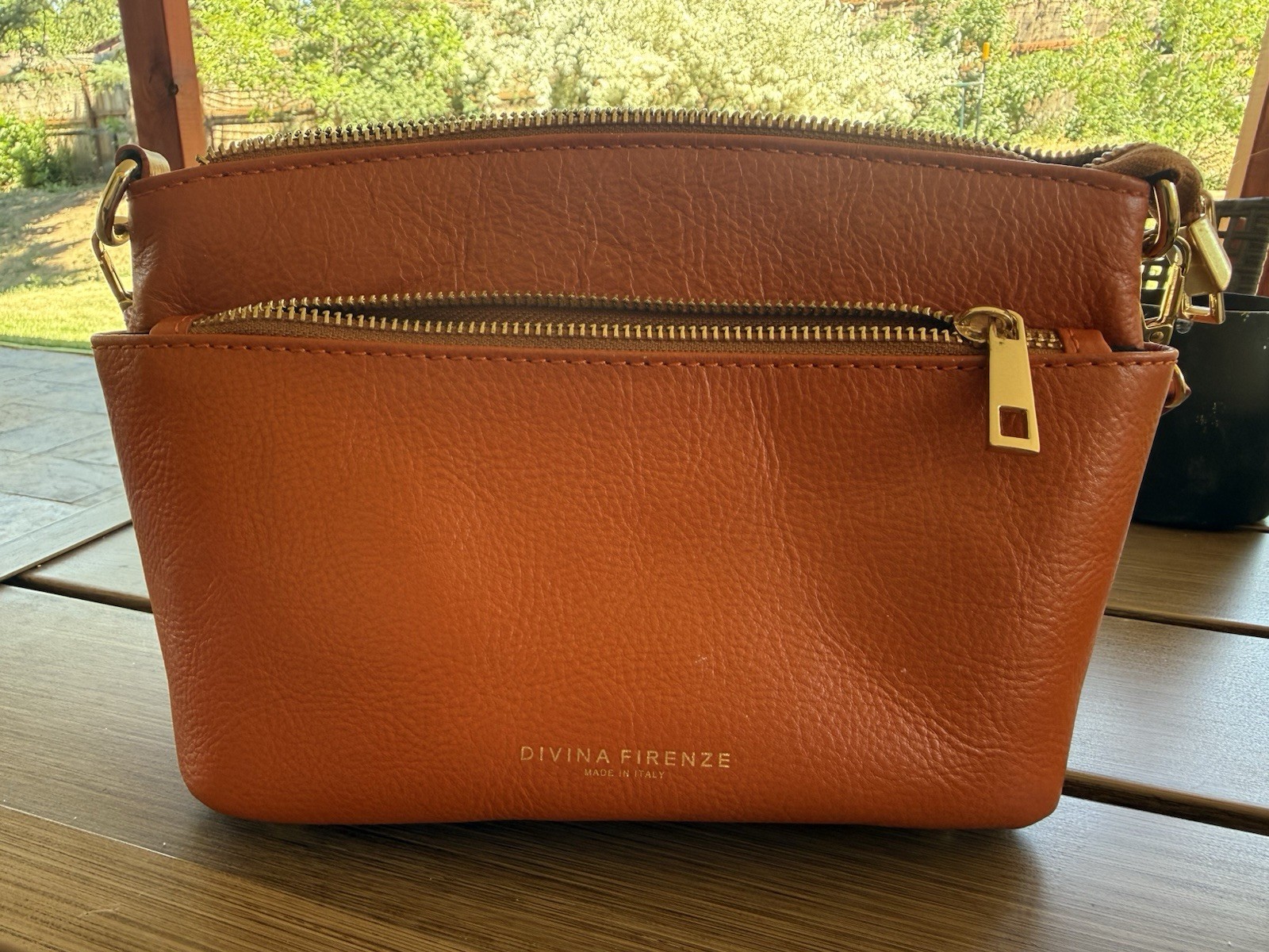Divina Firenze Leather Crossbody Shoulder Bag Orange Pebble Size 9″W × 7″H × 4″D