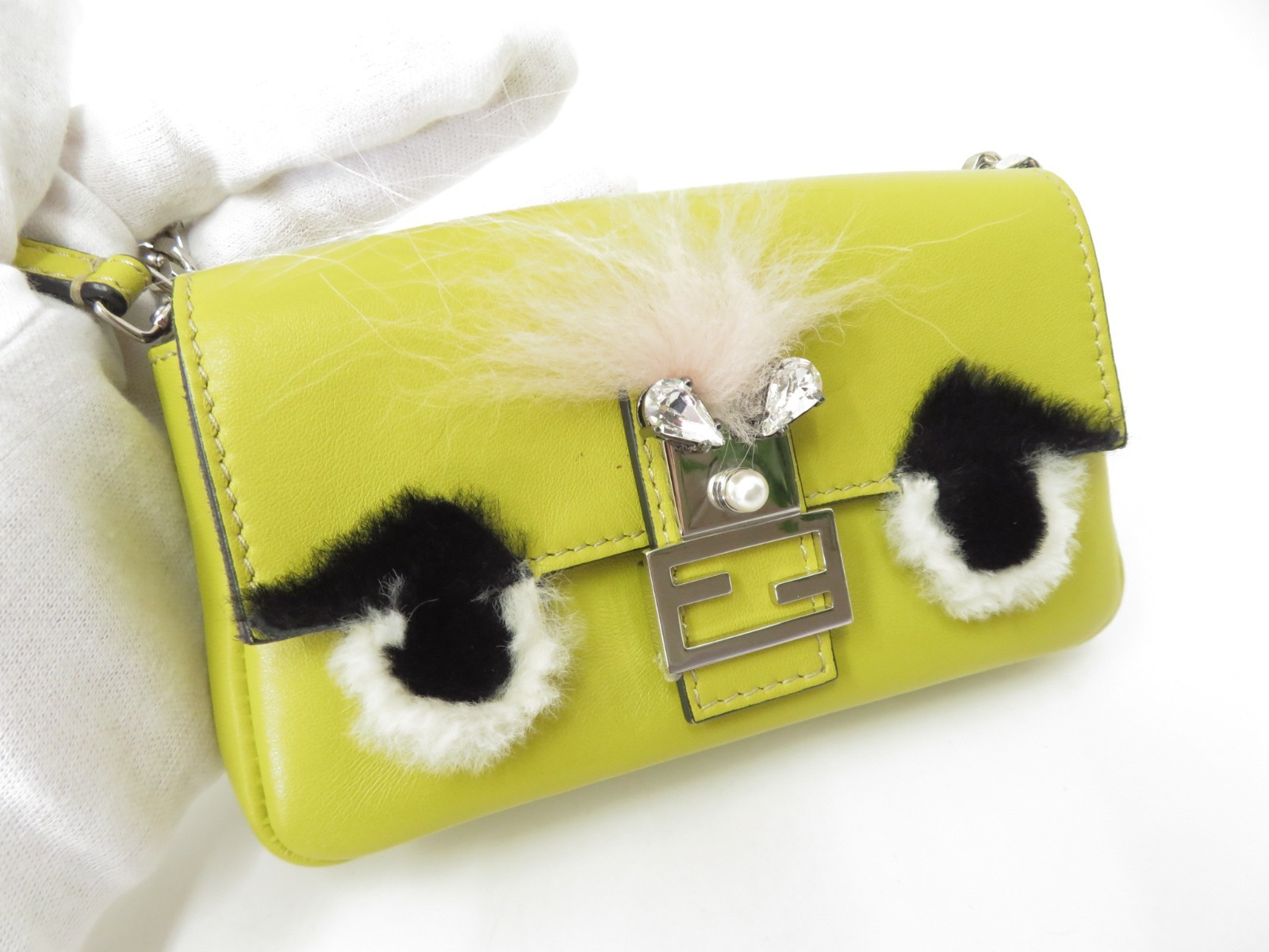 FENDI Bugs Monster Baguette Micro Fur Leather Chain Mini Shoulder Bag I#53762