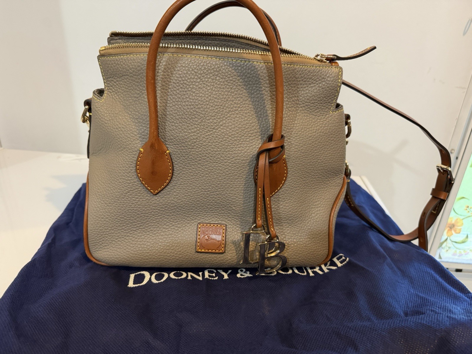 Dooney & Bourke Gray Pebbled Satchel Top Handle Zip Bag Brown Trim Dust Bag