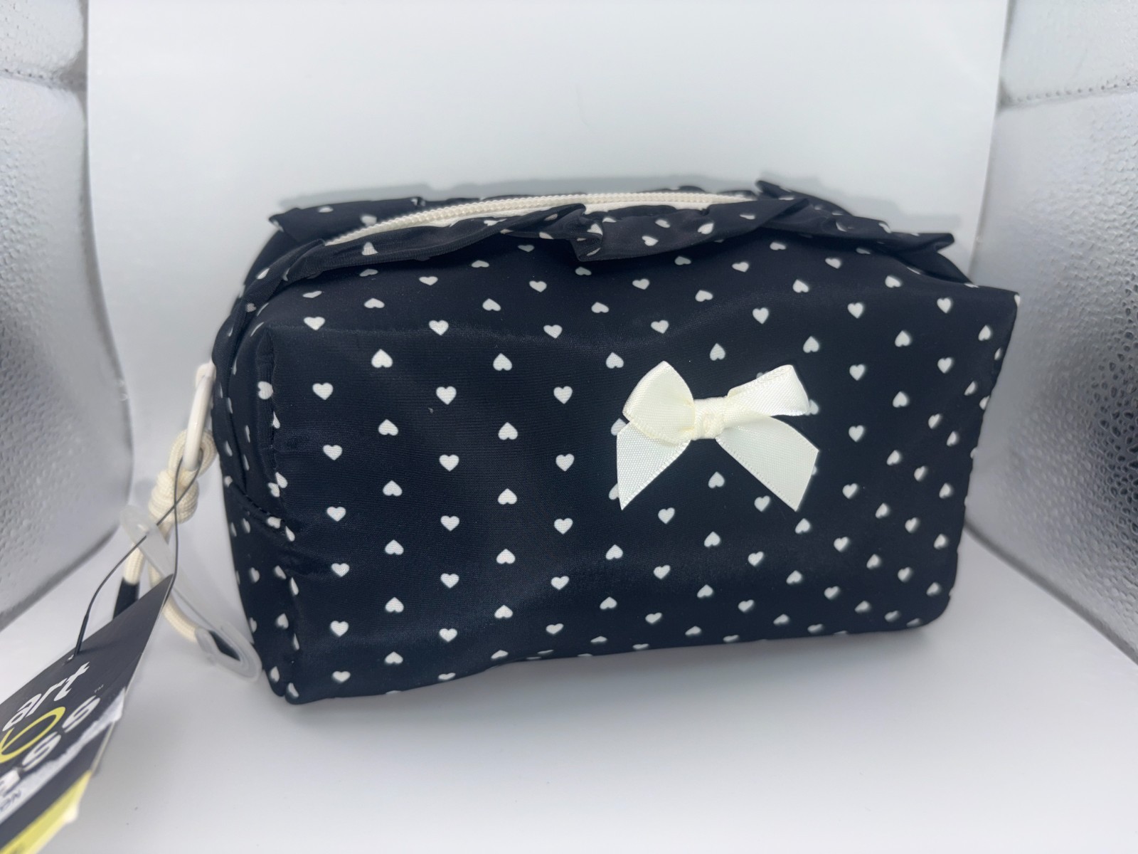 Black with White Hearts and a Bow Large Single Pouch Pencil Bag