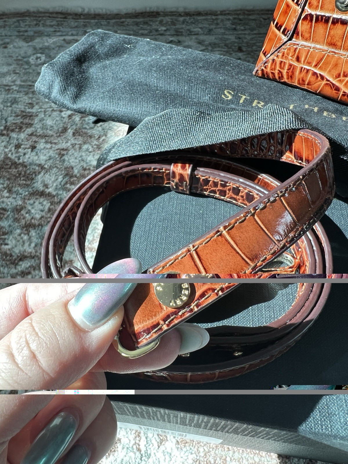 Strathberry Mosaic Nano Brown Croc Embossed Top Handle + Crossbody Strap