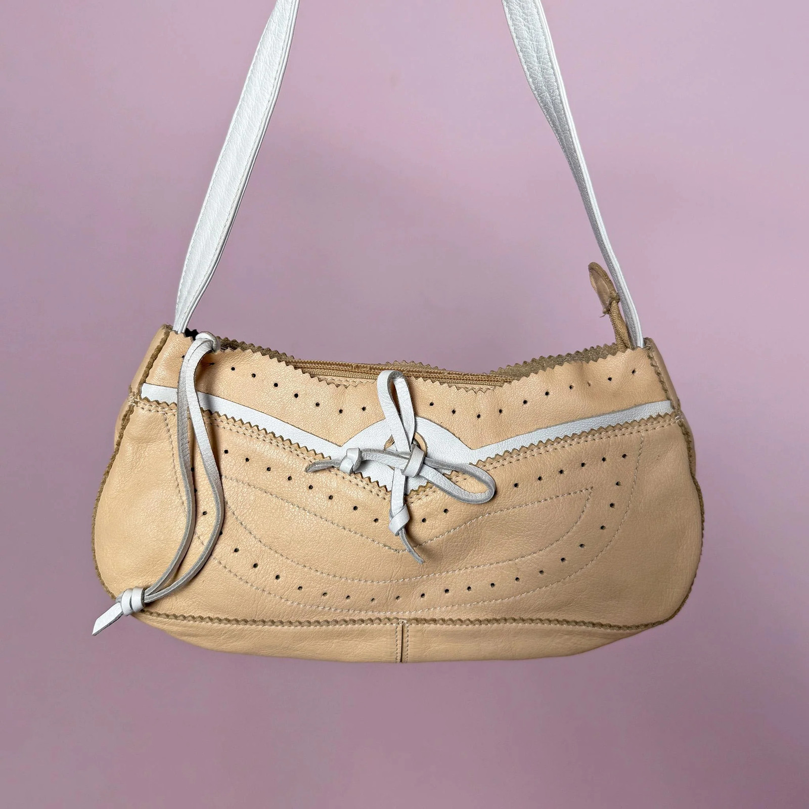 Vintage Beige Pink Shoulder Bag Leather Baguette Pastel Coquette Y2K 2000s