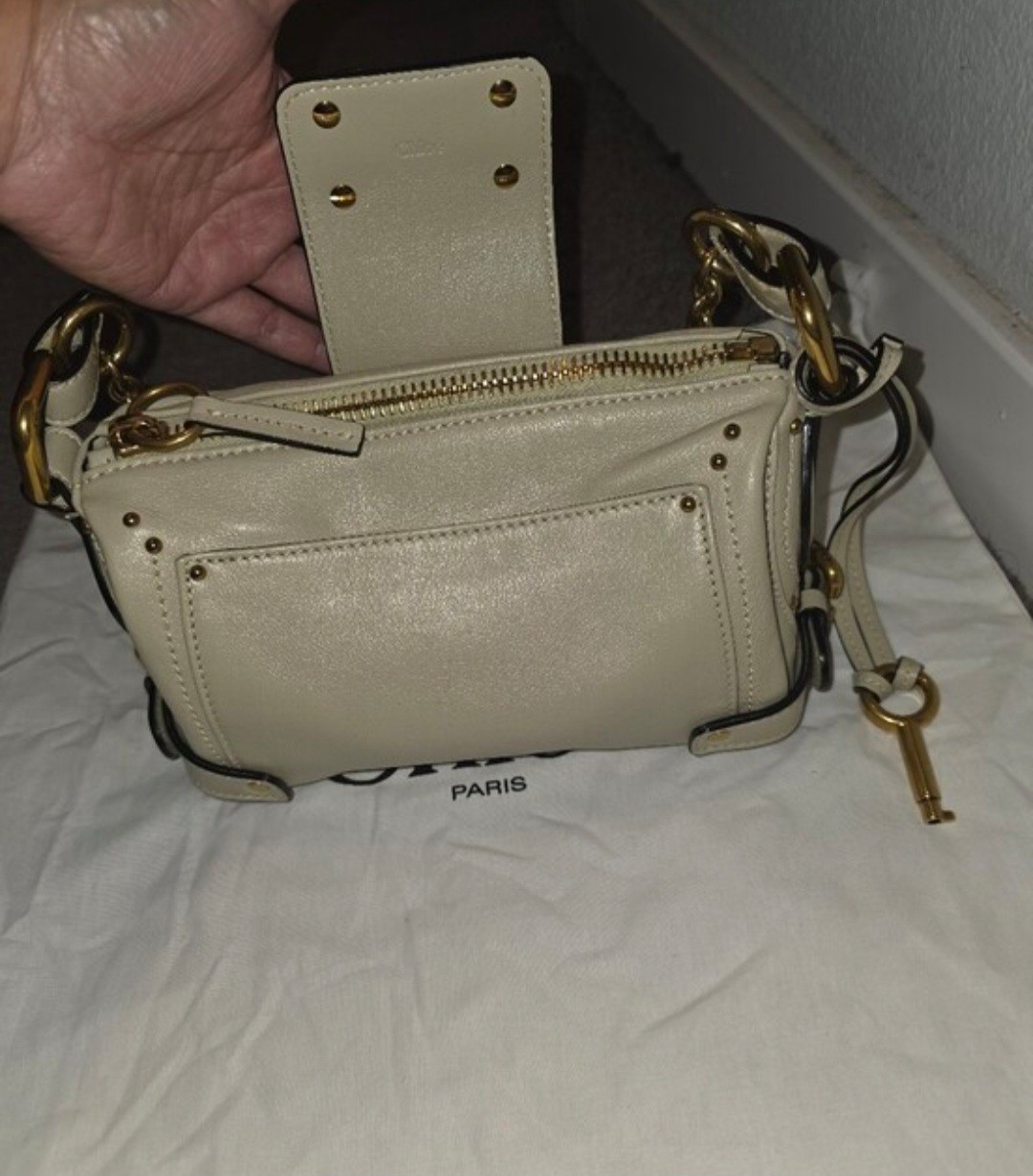 Chloé Beige Small Shoulder Bag Zip Padlock Gold Hardware Key Lock Dust Bag COA