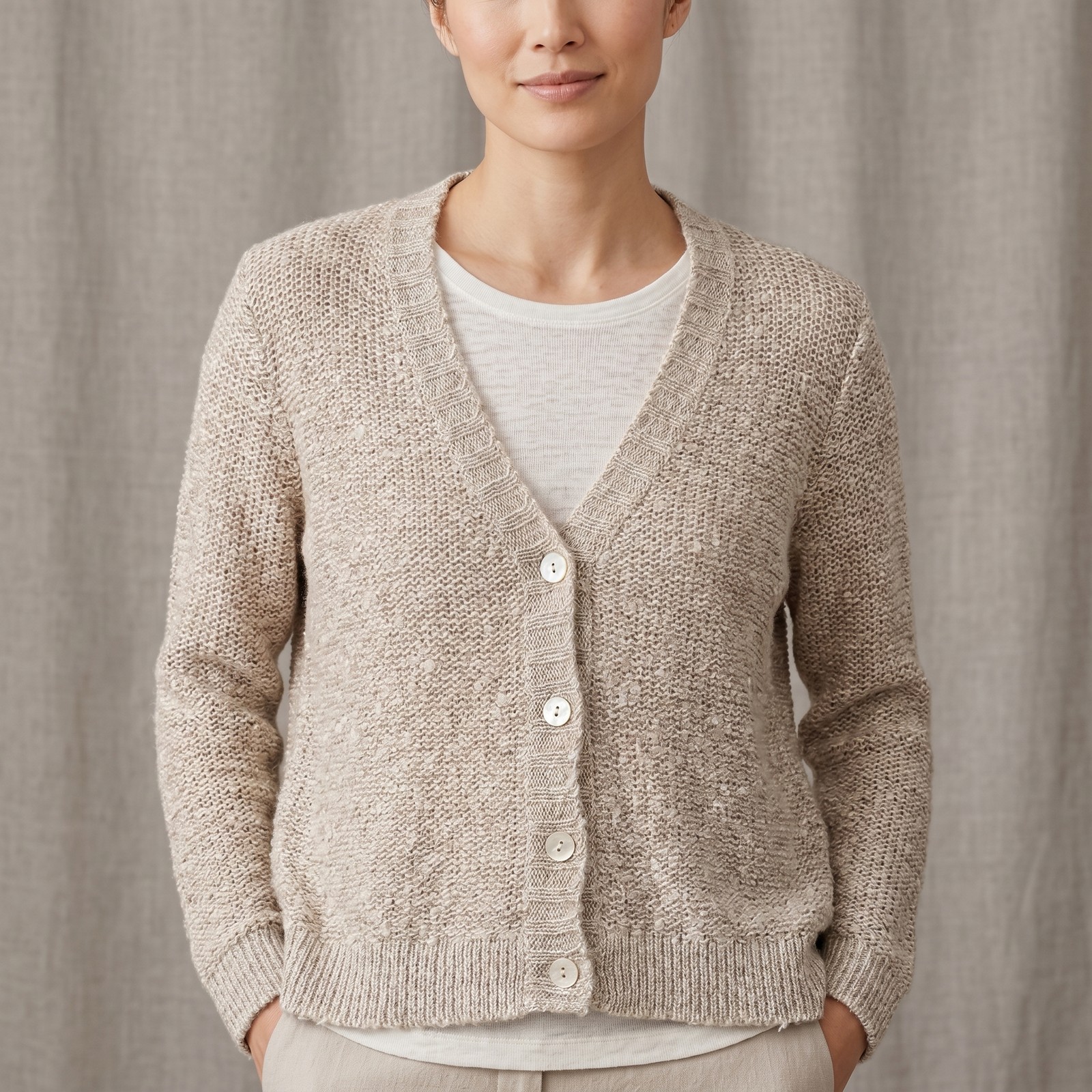 Eileen Fisher Women’s V-Neck Cardigan Button Front Beige Knit Minimalist S P