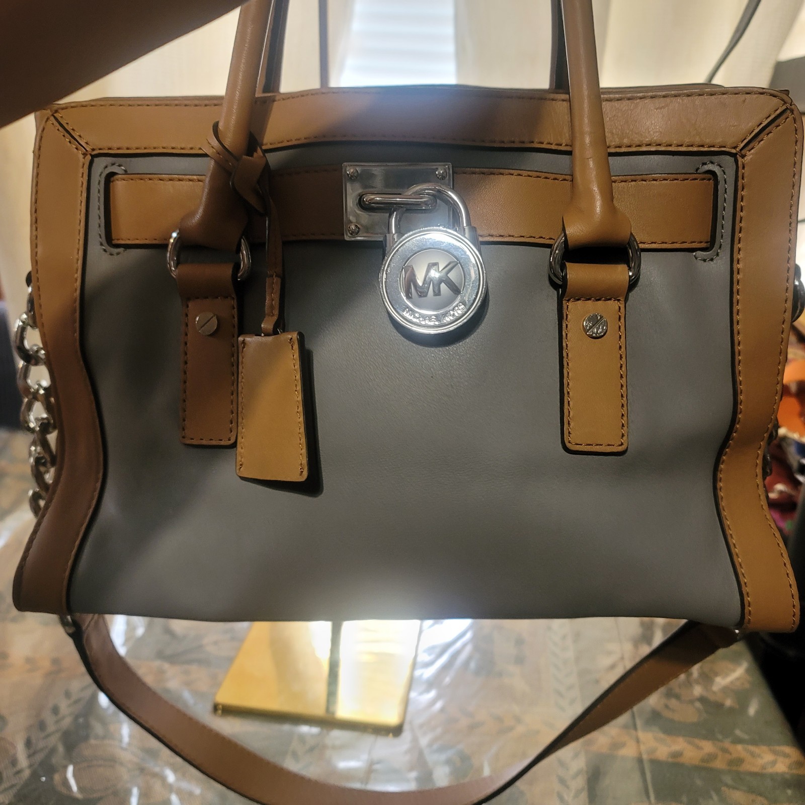 MICHAEL KORS HAMILTON FRAME OUT STEEL GRAY ACORN LEATHER SATCHEL BAG – Read des