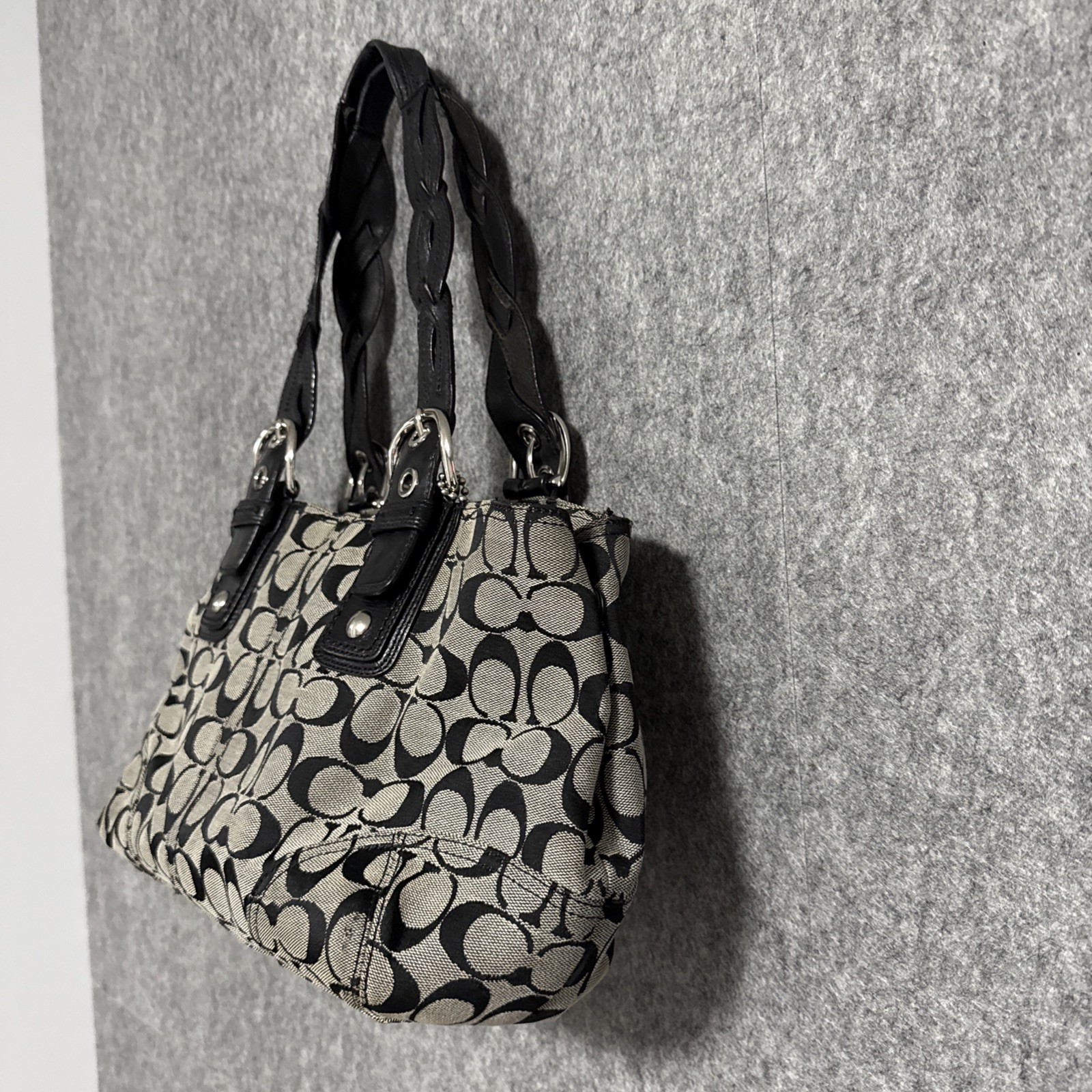 COACH Tote Shoulder Bag Black & Gray C Logo Braided Leather Handles Y2K
