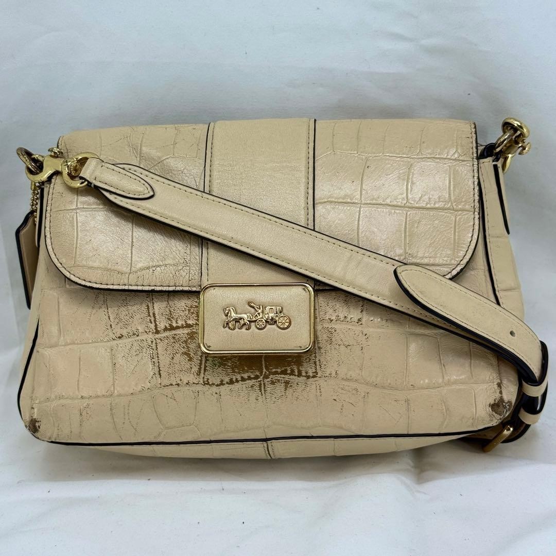 Coach Croc Embossed Horse Carriage Logo Beige Leather Crossbody Bag 577 Auth