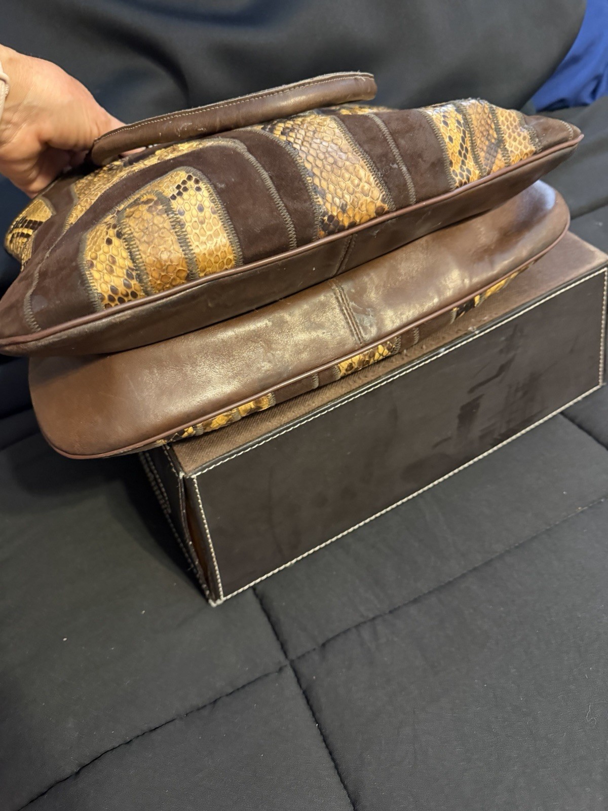 Varon Brown Tan Snake Print Satchel Top Handle Zip Gold Hardware Inner Pockets