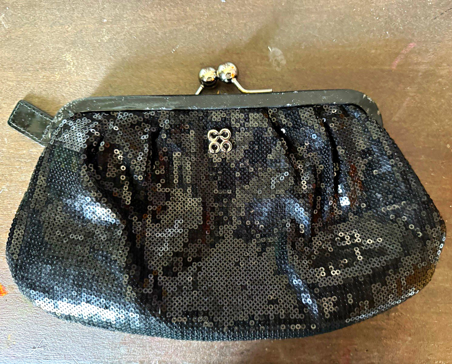 Coach Black Sequin Kiss Lock Clutch Purse, Silver Hardware, Purple Lining