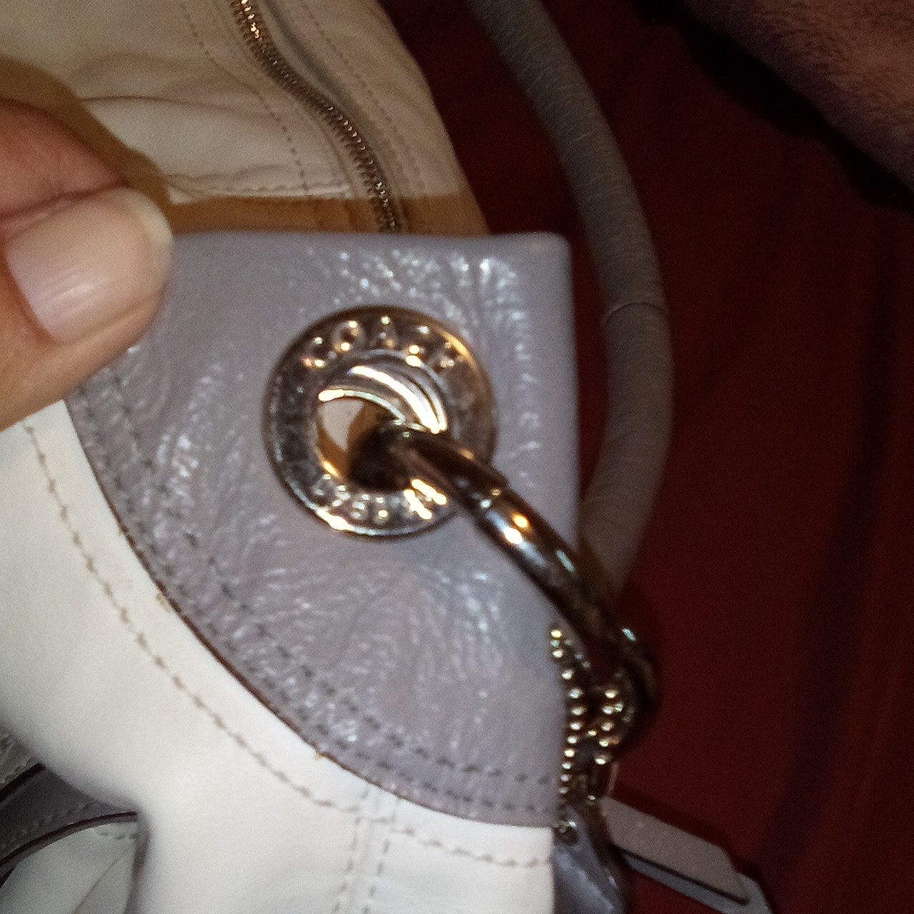 Coach Leather Hobo Ivory Gray Shoulder Bag Zip Outer Pocket Charm Silver