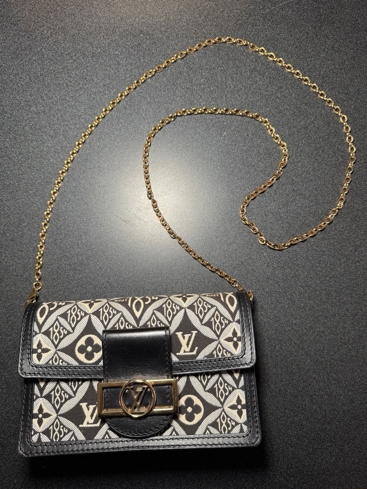 Louis Vuitton Black Blue Jacquard Since 1854 Dauphine Chain Wallet w/ Dust Bag