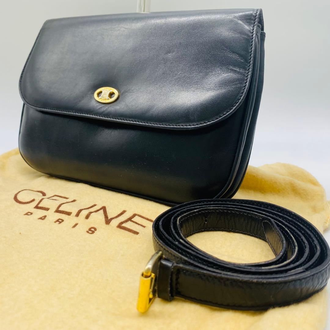 CELINE Triomphe Calfskin 2way Shoulder Crossbody Clutch Bag Black Gold Auth