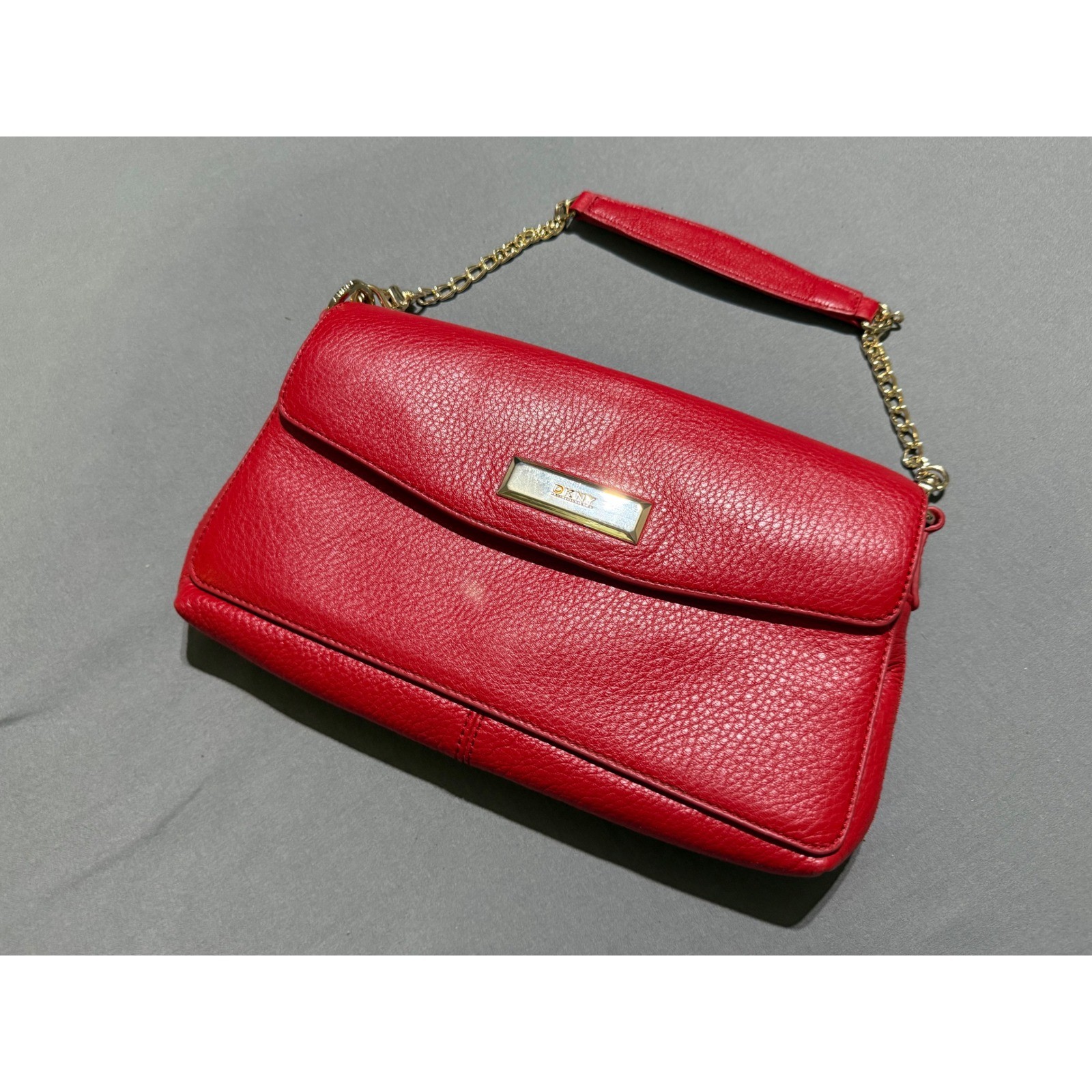 DKNY Shoulder Bag Women Small Red Pebbled Leather Gold Chain Flap