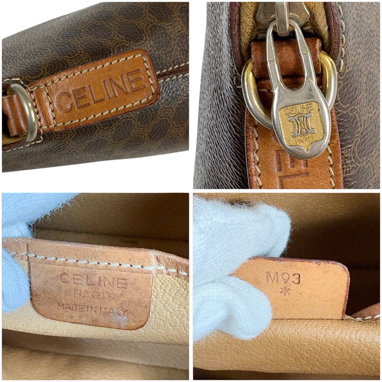 CELINE Triomphe Crossbody Bag Mini Tan Canvas Leather Macadam Brown Authentic