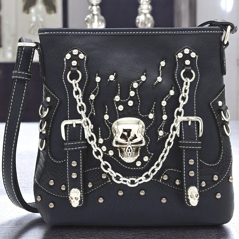 Gothic Skull Crossbody Bag Punk Style Black Studded Shoulder Purse 9×9.5 In