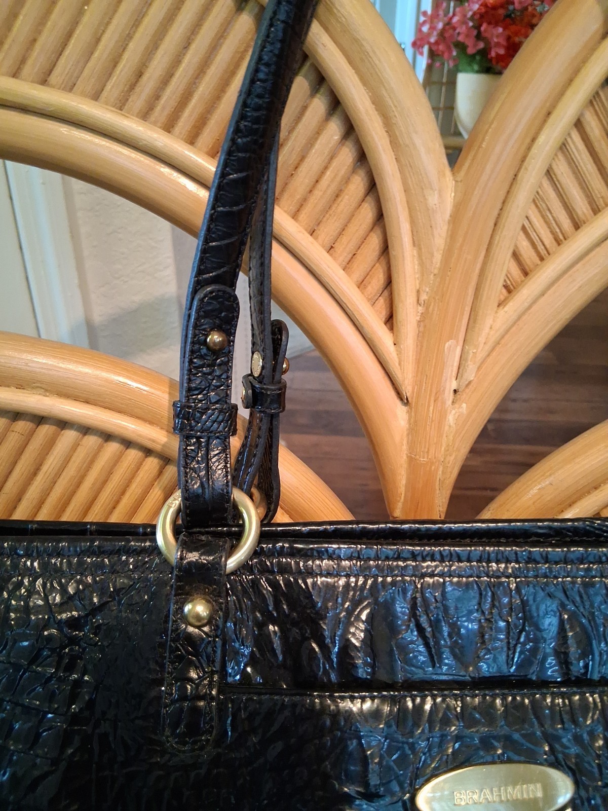Brahmin Large Croc Embossed Asher 2 Handle Tote Bag in Black