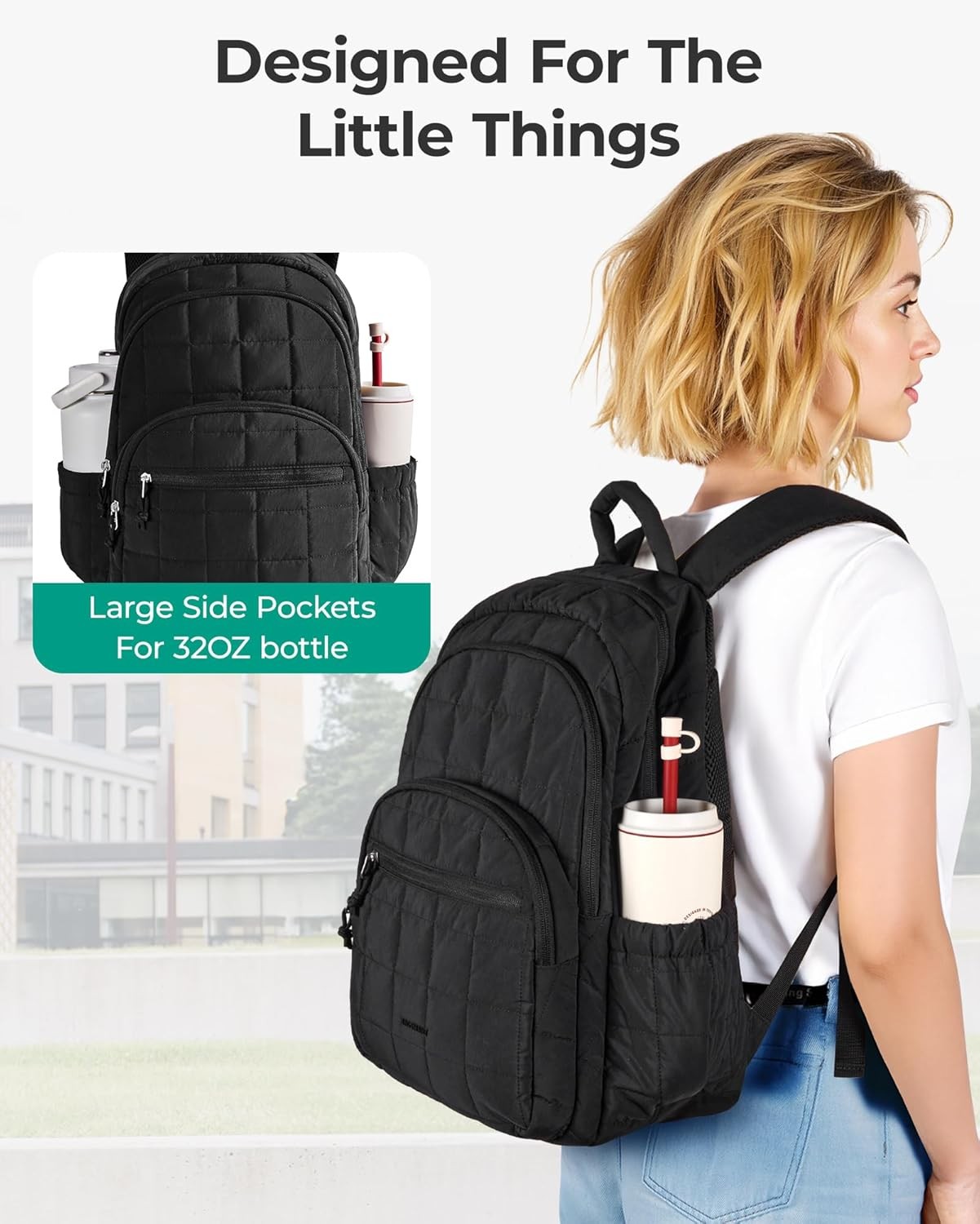 Quilted Casual Daypack, Water-Resistant Bookbag for 15.6 Inch Laptop, Black