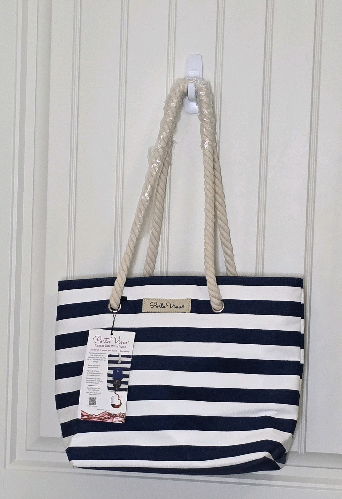Porto Vino Beach Wine Bag Canvas Blue/White Stripes Holds 2 Bottles Of Wine NWT
