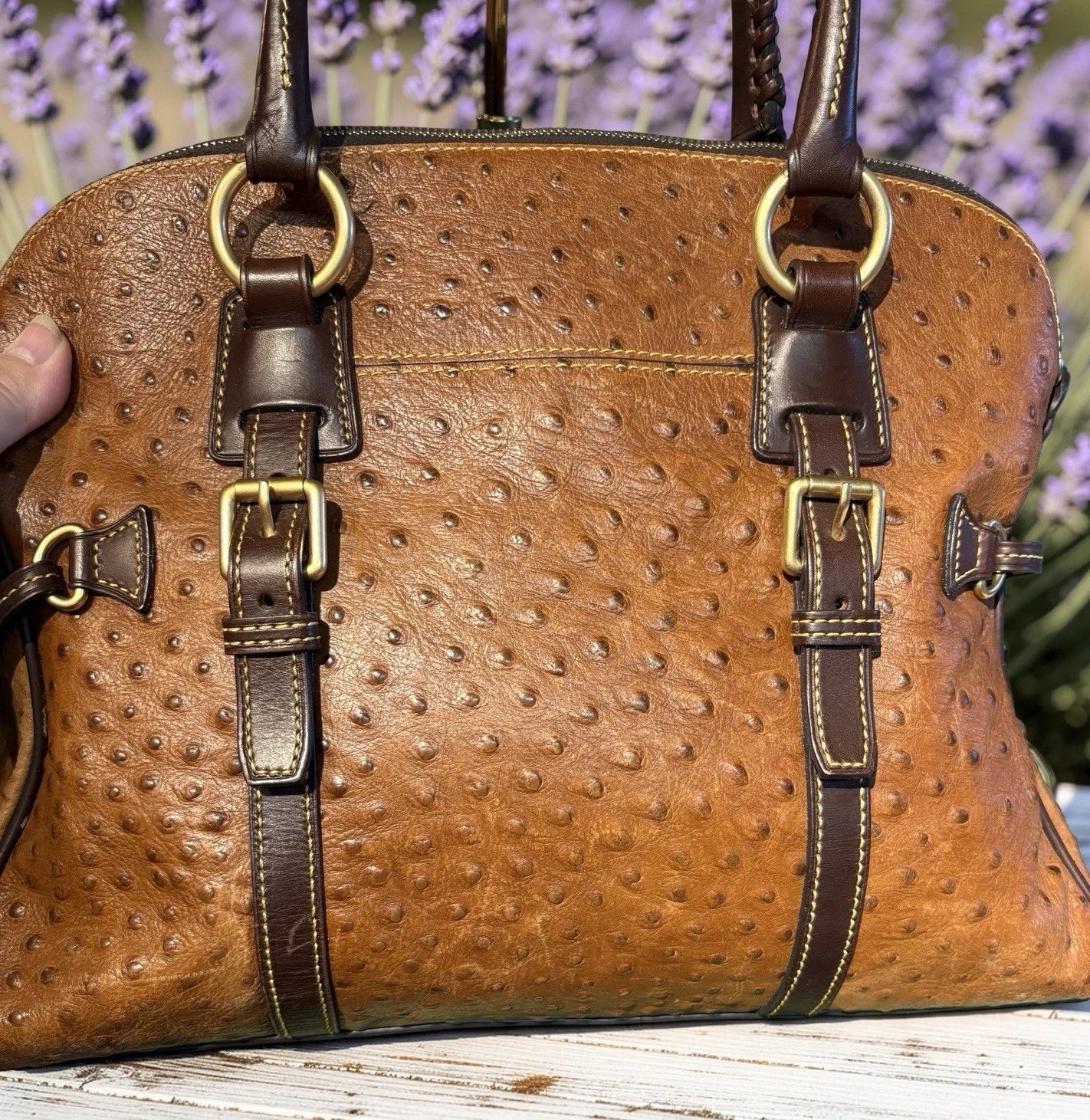 Dooney Bourke Chestnut Cognac Brown Ostrich Embossed Leather Large Satchel Bag