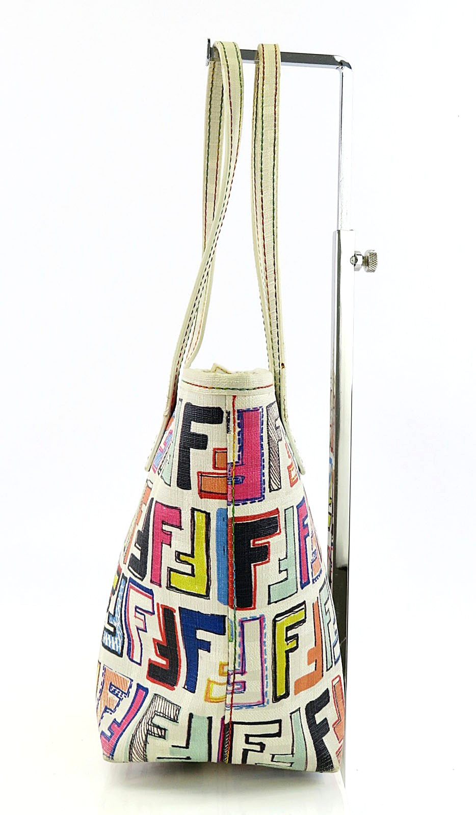 Authentic FENDI White and Multicolors PVC Canvas Tote Bag Purse #64025