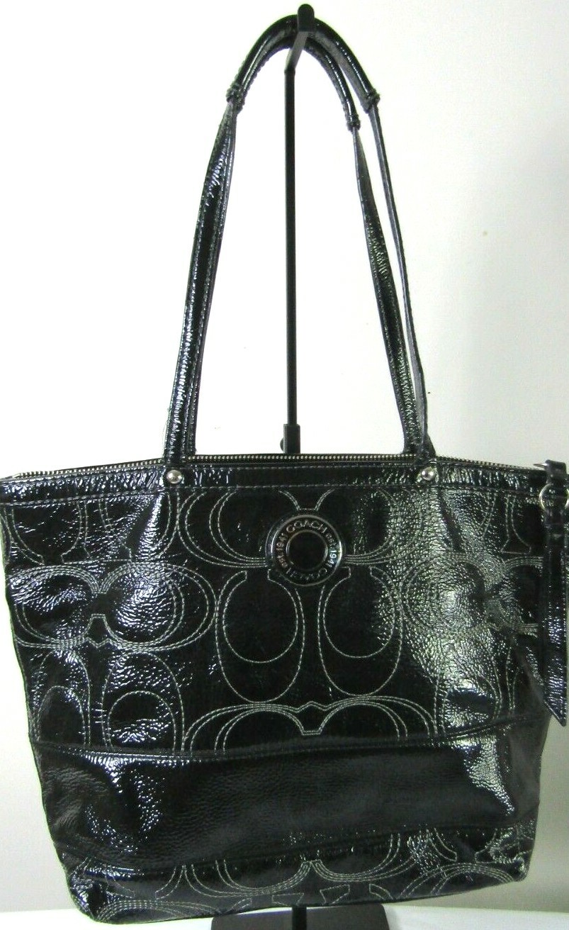 Coach F19198 Signature Sis Stitch Black Patent Leather Medium Tote Shoulder Bag!