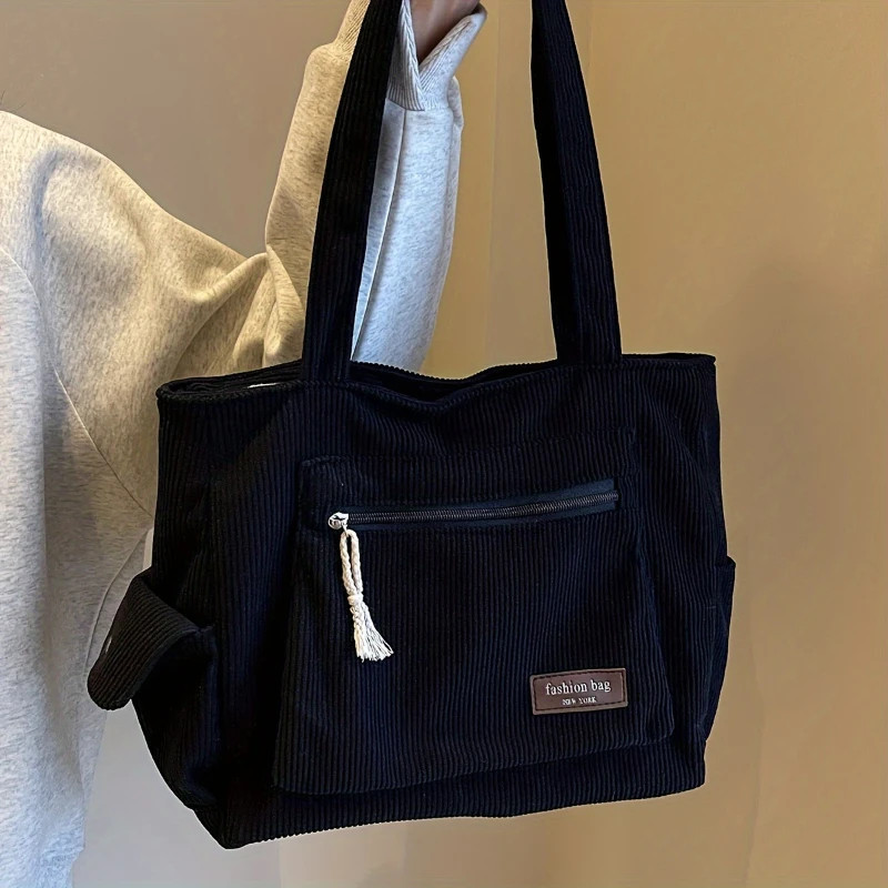 Tote Bag Solid Color Shoulder Bag Retro Multi Pockets Handbag School Work