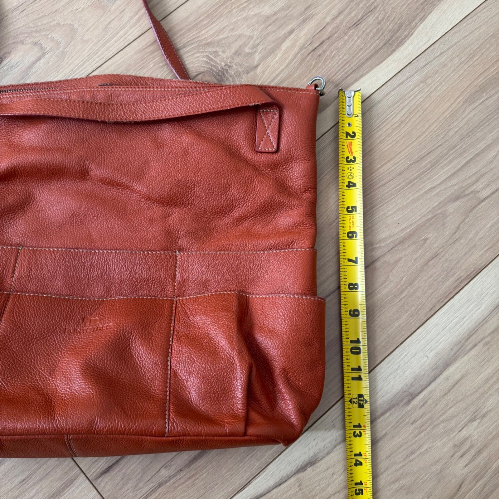 Puntotres Orange Pebbled Leather Crossbody Bag Made in Spain Multi Pocket Large